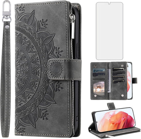 Asuwish Phone Case for Samsung Galaxy S21 5G 6.2 inch Wallet Cover with Tempered Glass Screen Protector and Wrist Strap Mandala Flower Flip Zipper...