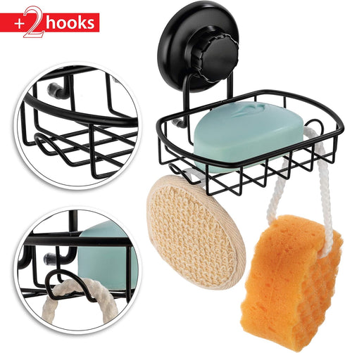 Suction Soap Dish with Hooks - Super Powerful Vacuum Suction Cup Shower Soap Holder - Rustproof Stainless Steel SS304 Soap Basket - Sponge Holder ...