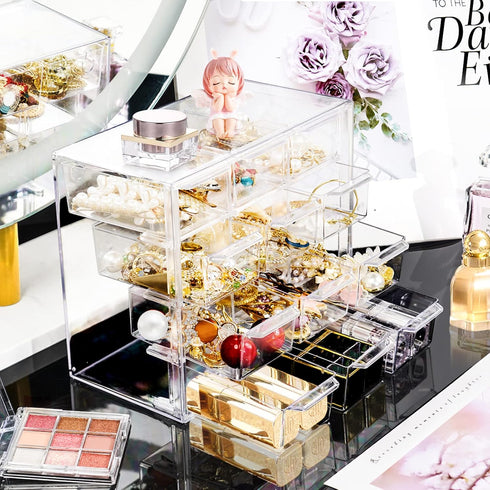 Desk Storage Organizer with 12 Mini Drawers, FODIENS Clear Desktop Craft Drawer Cabinet, Stackable Storage Box Caddy for Makeup Jewelry Office Cra...