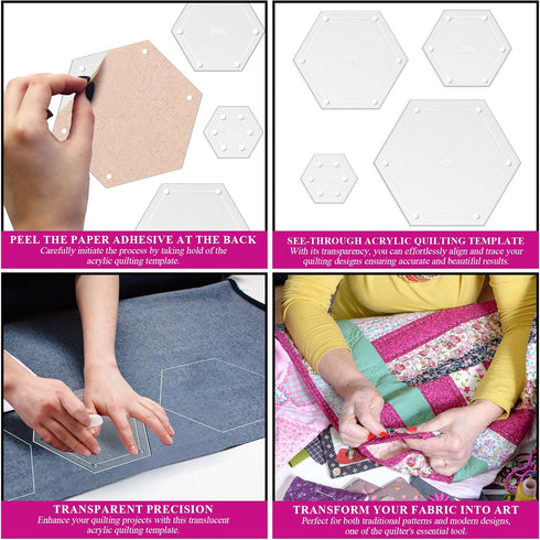Hexagon Quilting Template Set - 4", 3", 2", 1" Sizes with 1/4" Seam Allowance - Durable Acrylic Templates for Quilting, Patchwork, Crafting, & Sew...