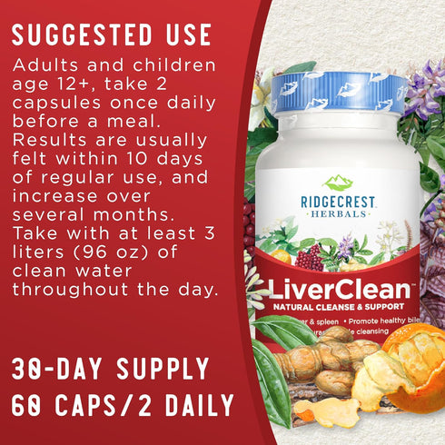 Ridgecrest Herbals LiverClean, Herbal Liver Support Supplement, Blessed Thistle, Dandelion, Detox, Cleanse Support, Healthy Bile (60 Caps, 30 Serv...