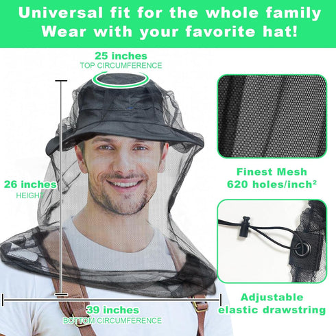 Mosquito Head Net for Insects, 2 Pack, Premium Bug Net for Head, Fly & Bug Protection | Ultra Large & Long, Finest Holes for Camping, Hiking, Fish...