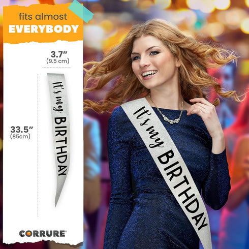 CORRURE 'It's My Birthday' Sash Glitter with Black Foil - Silver Glitter Birthday Sash for Women and Men - Happy Birthday Sash for Girls, Sweet 16...