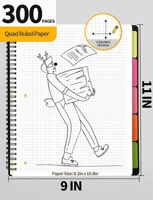 SUNEE Graph Paper Notebook - 300 Pages, 5 Subject, 8.2"x10.8", 5 x 5mm Grid, 5 Pocket Colored Dividers, 3-Hole Punched Quad Paper for Math, Engine...