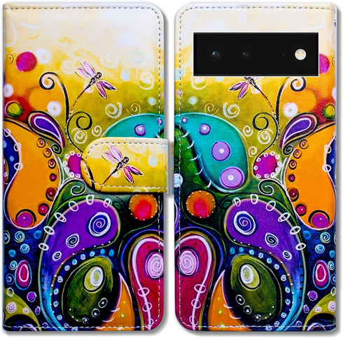 Case for Google Pixel 6, Colorful Dragonfly Leather Flip Phone Case Wallet Cover with Card Slot Holder Kickstand for Google Pixel 6...