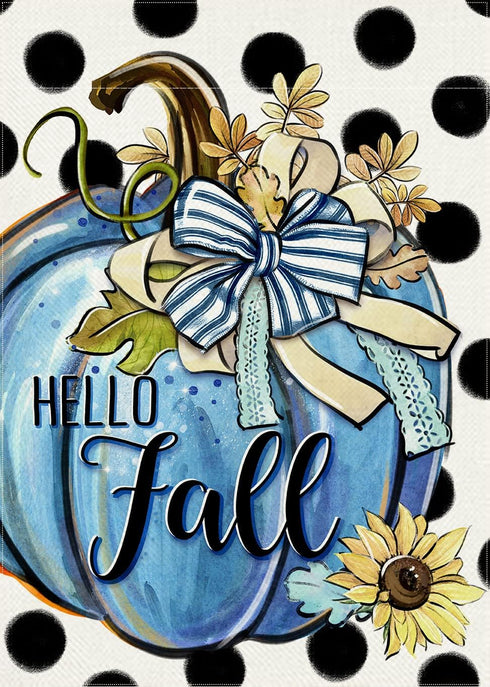Hello Fall Teal Blue Pumpkin Decorative Garden Flag, Autumn Polka Dots Farmhouse Yard Outside Decorations, Thanksgiving Seasonal Blue Burlap Outdo...