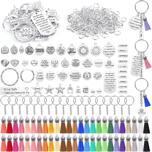 350Pcs Motivational Keychain Accessories Set with 50 Engraved Inspirational Words Charms, 50 Leather Keychain Tassels, 50 Keyring with Chain, 200 ...
