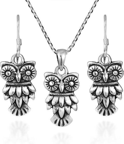 AeraVida Wide-Eyed Owl .925 Sterling Silver Necklace Earrings Jewelry Set...