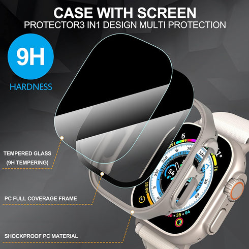 Suoman 3 in 1 Case for Apple Watch Ultra 2 /Ultra 49mm Waterproof Privacy Screen Protector, Tempered Glass Cover Front + Back Bumper 360°Protectio...