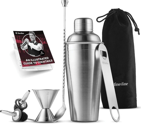 FineDine 7-Piece Cocktail Shaker Set - Bar Tools - Stainless Steel Bartender Kit, with All Bar Accessories, Cocktail Strainer, Double Jigger, Bar ...