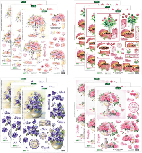 Katy Sue Designs Soft Pinks & Purples 3D Die Cut Decoupage Collection for Card Making Supplies. Contains 12 Sheets of Katy Sue Die Cut Decoupage F...