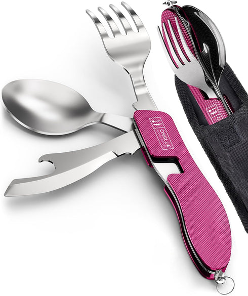 Orblue 4-in-1 Camping Utensils, 2-Pack, Portable Stainless Steel Spoon, Fork, Knife & Bottle Opener Combo Set - Travel, Backpacking Cutlery Multit...
