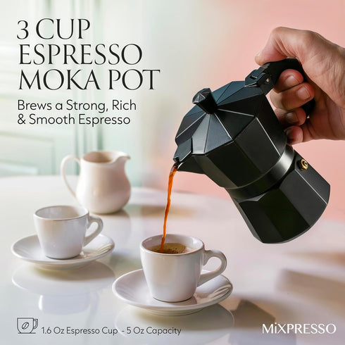Mixpresso Black 3 Cup Moka Pot Cuban Coffee Maker, Moka Pot for Gas, Electric Stove Top, Classic Italian Coffee Maker, Stovetop Espresso Maker, Ca...