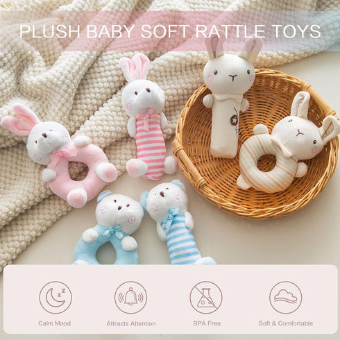 Plush Baby Soft Rattle Toys, Pink Bunny Baby Rattles for Infants Baby First Stuffed Animal Plush Rattle Shaker Set for Newborns Soft Ring Rattle S...