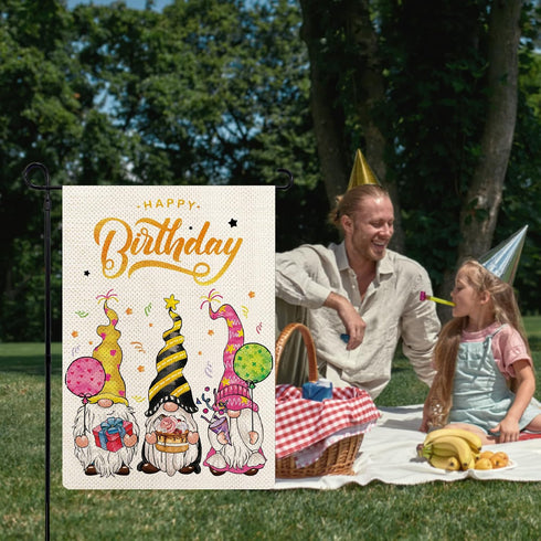 Happy Birthday Garden Flag, Cute Gnome Birthday Celebration Yard Flag, 12.5 x 18 Inch Double Sided Cake Balloon Gift Box Gnomes Flag for Yard Pati...