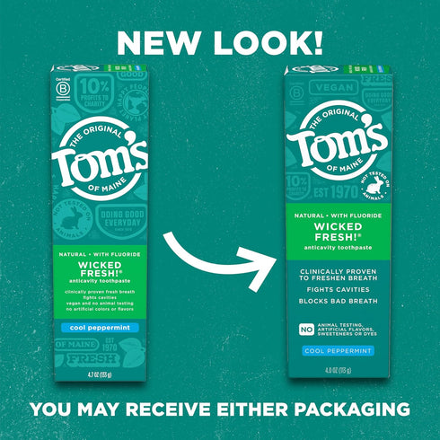 Tom's of Maine Wicked Fresh! Natural Fluoride Anticavity Toothpaste, Cool Peppermint, 3 Pack, 4.0oz...