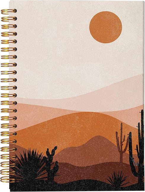 Abstract Boho Desert Sun Cactus Landscape Spiral Notebook Journal 5.5×8.3 Inch,Boho Mid-Century Modern Art Lined Hardcover Spiral Notebook for Wor...