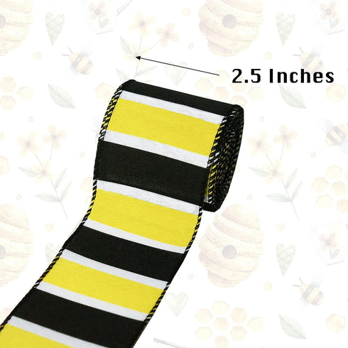 Black, White and Yellow Stripes Wired Ribbon, Bee Wired Ribbon, Spring and Summer Burlap Ribbon for Decorative 2.5”x10yds (Yellow, Black&White)...