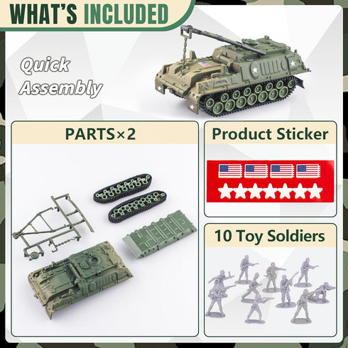 Army Tank and Army Men Toys Playset, 2pc 1:72 US Tank-4 Models & 10pc Toy Soldiers, Olive Drab Green WW2 Military Vehicle for Boys...