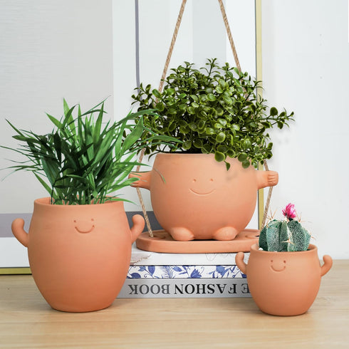 Mr. Smiley Small Plant Pot with Drainage, Cute Clay Planter for Succulent, Funny Gifts for Plant Lovers, Face Terra Cotta Flower Pots for Indoor a...