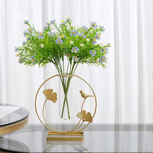 Home Decor Gold Flower Vase, Desktop Glass Vase with Gold Metal Ginkgo Leaf Stand, Hydroponics Plant Propagation Stations,Decorations for Living R...