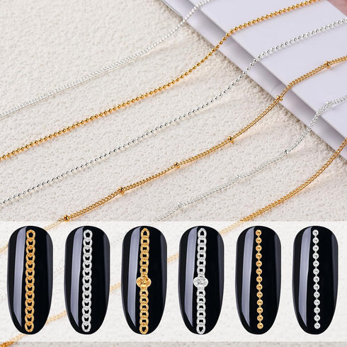 6 Strips Chain Nail Charms,Gold Nail Chains 3D Nail Art Charms Silver Chain Accessories Supplies,Metal Punk Nail Caviar Beads for Nails,DIY Women ...