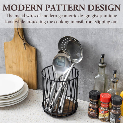MyGift Modern Wire Utensil Holder, Decorative Matte Black Metal Kitchen Utensils Crock with Rustic Burnt Solid Wood Base, Countertop Round Basket ...