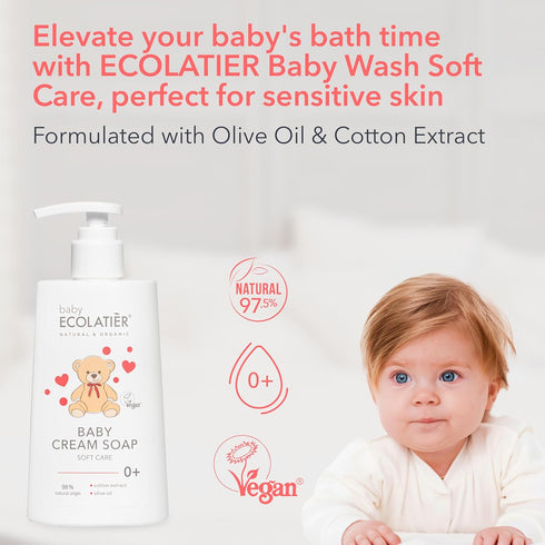 Gentle Baby Cream Soap for Soft and Caring Cleanse, 250ml - With Olive Oil & Cotton Extract, 98% Natural, Vegan kids body wash - Delicate Skin Nou...