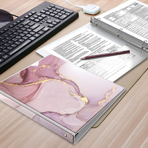 Pink Marble 3 Ring Binders 1 Inch Binder Organizer, Three Ring Binder with 2 Storage Pockets for Office Supplies...