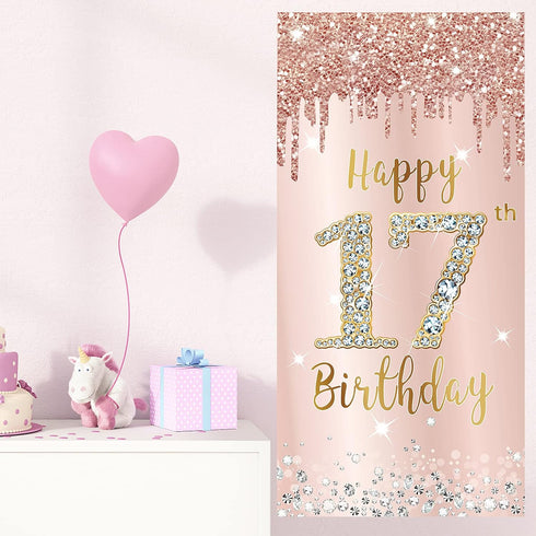Happy 17th Birthday Door Banner Decorations for Girls, Pink Rose Gold 17 Birthday Door Cover Backdrop Party Supplies, Large Seventeen Year Old Bir...