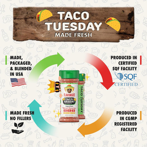 Flavor God 2 Bottles Taco Tuesday Seasoning Mix Natural Healthy Spice Blend For Grilling Chicken, Beef, Seafood, Vegetables, Salad, Tacos, Pizza, ...