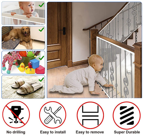 JIFTOK Baby Gate for Stairs, Banister Guard for Kids, Pets, Toys, 10ft L x 2.66 ft H, Mesh Netting Safety Net for Balcony Rail Stair, Stairway Net...
