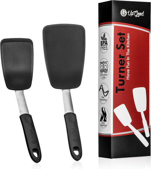 UpGood Silicone Turner Set 600ºF Heat Resistant - Large & Small Kitchen Spatulas with Tapered Edges & Flexible Stainless Steel - Cooking Utensil f...