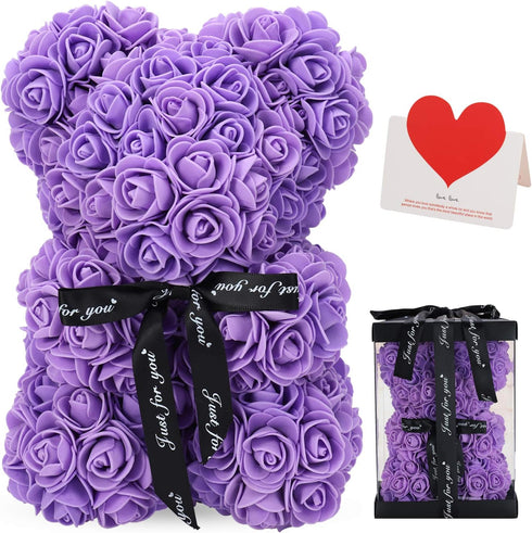 LINKLO Rose Bear Rose Teddy Bear -10 inch Artificial Rose Flower Bear, Gift for Wedding, Mothers Day and Anniversary, Including Transparent Gift B...