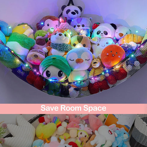 Stuffed Animals Net or Hammock Kids Toy Storage Organizer with LED Light Unicorn Castle Hanging Corner Stuffed Animals Holder Kids Girls Room Deco...