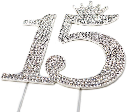 Number 15 Quinceanera Rhinestone Princess Crown Monogram Cake Topper - Sweet 15th Birthday Party (Silver)...