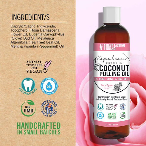 Coconut Pulling Oil for Teeth and Gums Mouthwash, 100% Pure and Natural, Non-GMO, Ayuverdic – Refreshing Rose Clove Essential Oils...