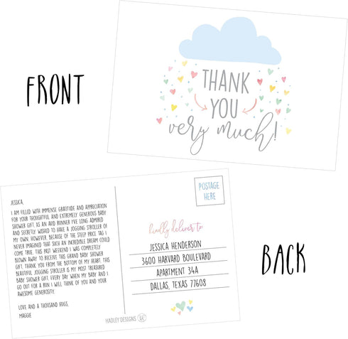 Hadley Designs 50 4x6 Rain Clouds Blank Thank You Postcards Bulk, Cute Baby Shower Sprinkle Rainbow Showered With Love Thank You Note Card For Wed...