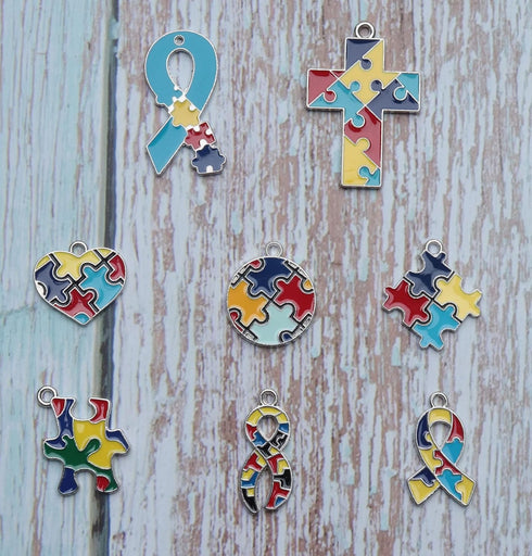 sowaka 16 Pcs Autism Awareness Charms with Hole Enamel Puzzle Heart Cross Circle Ribbon Shape Pendants for Jewelry Making Kits Necklace Bracelet E...