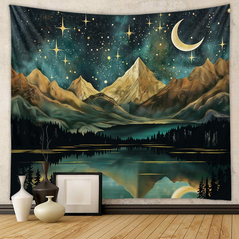 Tapzen Mountain Tapestry Nature Landscape Rocky Mountain Tapestry for Bedroom Aesthetic Forest Scenic Moon Tapestry Wall Hanging Tree Woods Wall T...