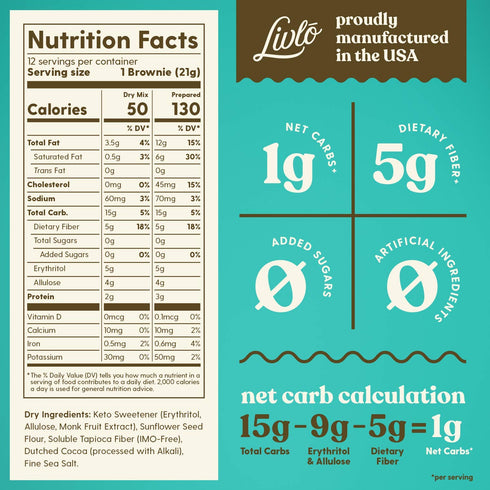 Livlo Keto Brownie Baking Mix - Just 1g Net Carb - Sugar & Gluten Free Keto Desserts, Sweets & Treats - Low Carb, Nut Free, Diabetic Friendly Snac...