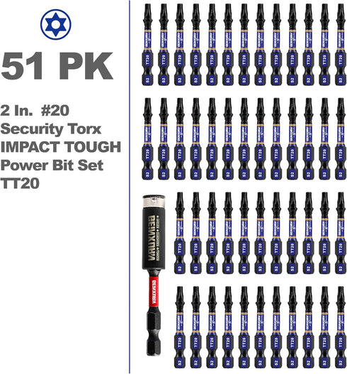 2 In. Security T20 Impact Magnetic Screwdriver Bit Set, 51Pieces #20 Torx Head Power Bit Set, S2 Alloy Steel Hollow Star Bit Set with 1Pcs Impact ...