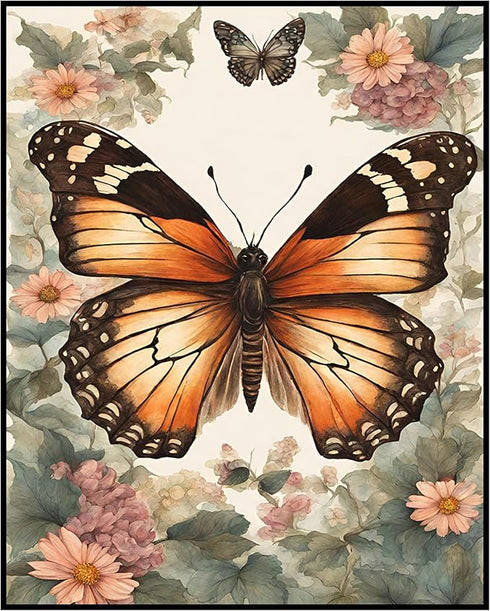 Posterizer 1 pcs- Orange buttterflies with pink flowers-Art for Animal Lovers-Floral Botanical Art- Gift for Men Women Entrepreneur Teens-Living R...