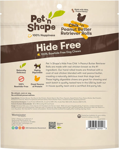 Pet 'n Shape Hide Free Chik 'n & Peanut Butter 4" Retriever Rolls, 6 Count 12.6 oz - Rawhide Free Dog Treats - No Hide Alternative Chew Treat for ...