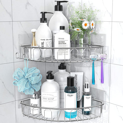 Orimade Corner Shower Caddy Stainless Steel with Hooks Wall Mounted Bathroom Shelf Storage Organizer Adhesive No Drilling 2 Pack, Silver Only for ...