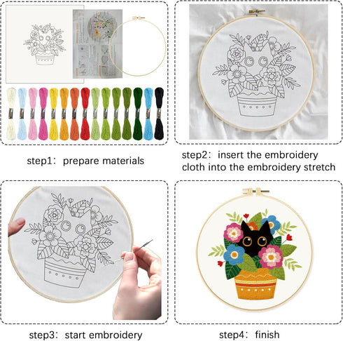 INFUNLY 4 Pack Embroidery Starter Kit Black Cat Cross Stitch Kit with Instructions DIY Beginner Plant Embroidery Set with Plastic Embroidery Hoops...