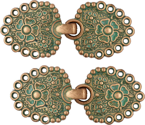 Bezelry Romantic Bouquet HOOK and EYE Cloak Clasp Fasteners Pack of 4 Pairs 62mm x 25mm Fastened. (Copper Green)...