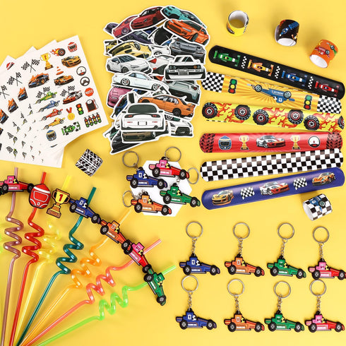 Race Car Party Favors Set - 110 pcs Race Car Birthday Party Supplies, Keychains, Slap Bracelet, Race Car Stickers, Race Car Straws, Stamps for Kid...