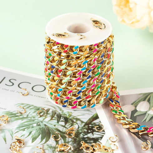 9.8 Feet Colorful Dripping Oil Cuban Chains for Jewelry Making, Gold Plated Aluminum Chain for Necklace Unwelded Twist Curb Chain Roll with Jump R...