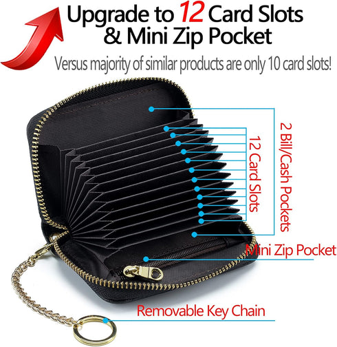 imeetu RFID Credit Card Wallet, Genuine Leather Zipper Card Case Holder with Removable Keychain(Black)...